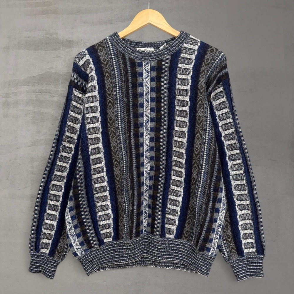 Vintage Norm Thompson 3D Sweater Blue Multi Pattern Knit Wool Blend Italy Large